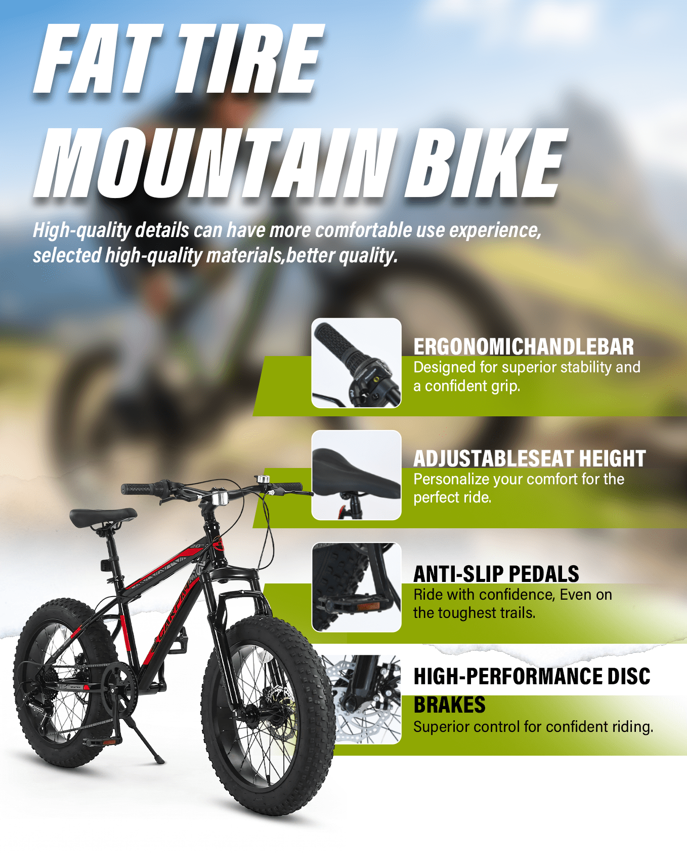20 inch Fat Tire Mountain Bike for kids and Teen, Outdoor Cycling Bike with 7-Speed for Boys Girls, High Carbon Steel Frame, Dual Disc Brake, 20x4.0 Wide Tires, Suspension Fork, Anti-Slip Bikes, Red