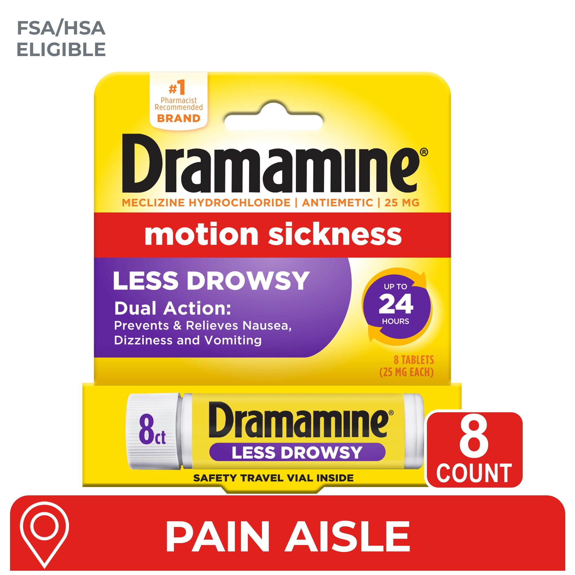 (3 pack) Dramamine All Day Less Drowsy, Motion Sickness Relief, Sensitive Stomach, 8 Count
