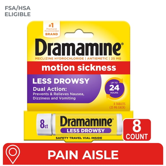 Dramamine All Day Less Drowsy, Motion Sickness Relief, Sensitive Stomach, 8 Count