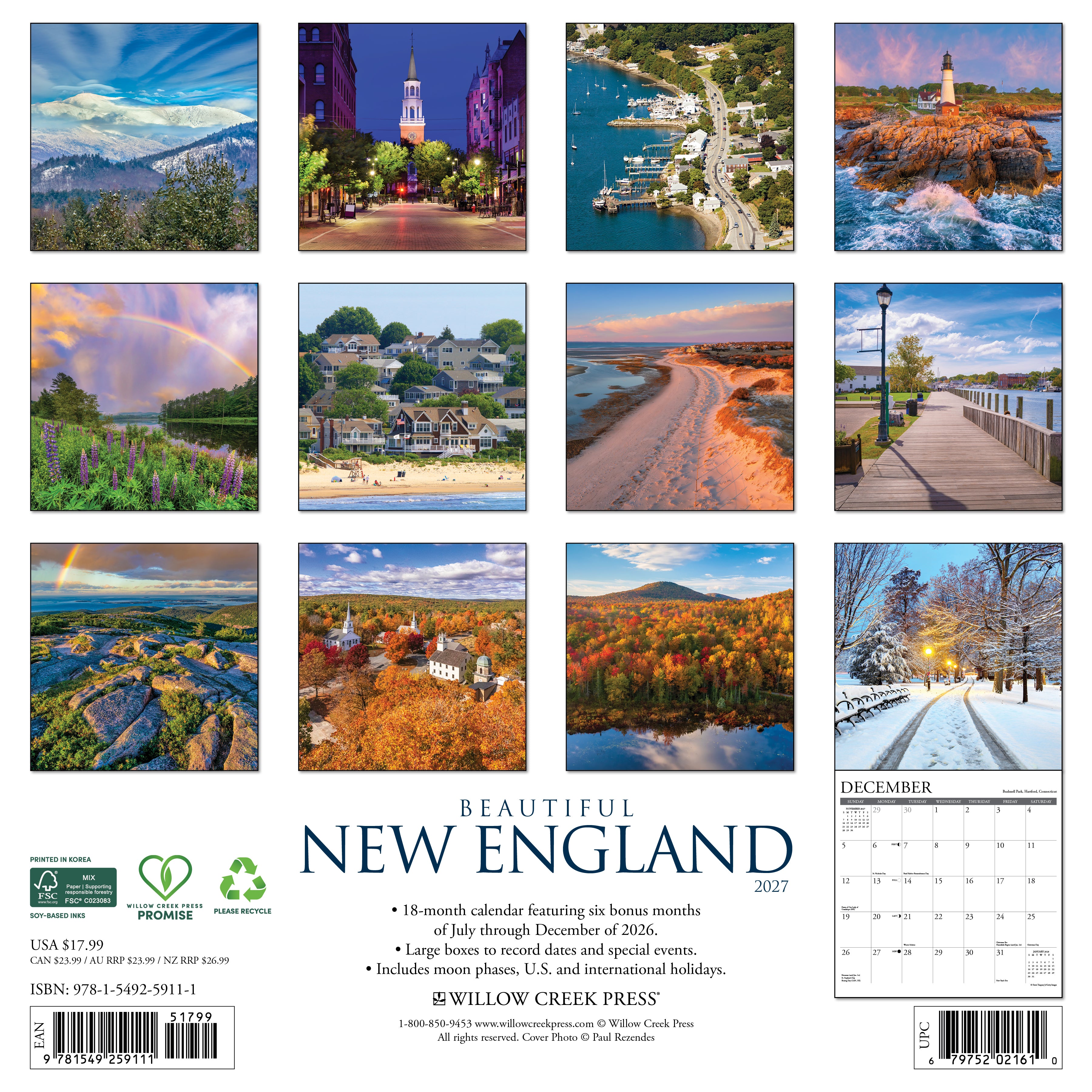 Willow Creek Press, Beautiful New England 2027 Wall Calendar
