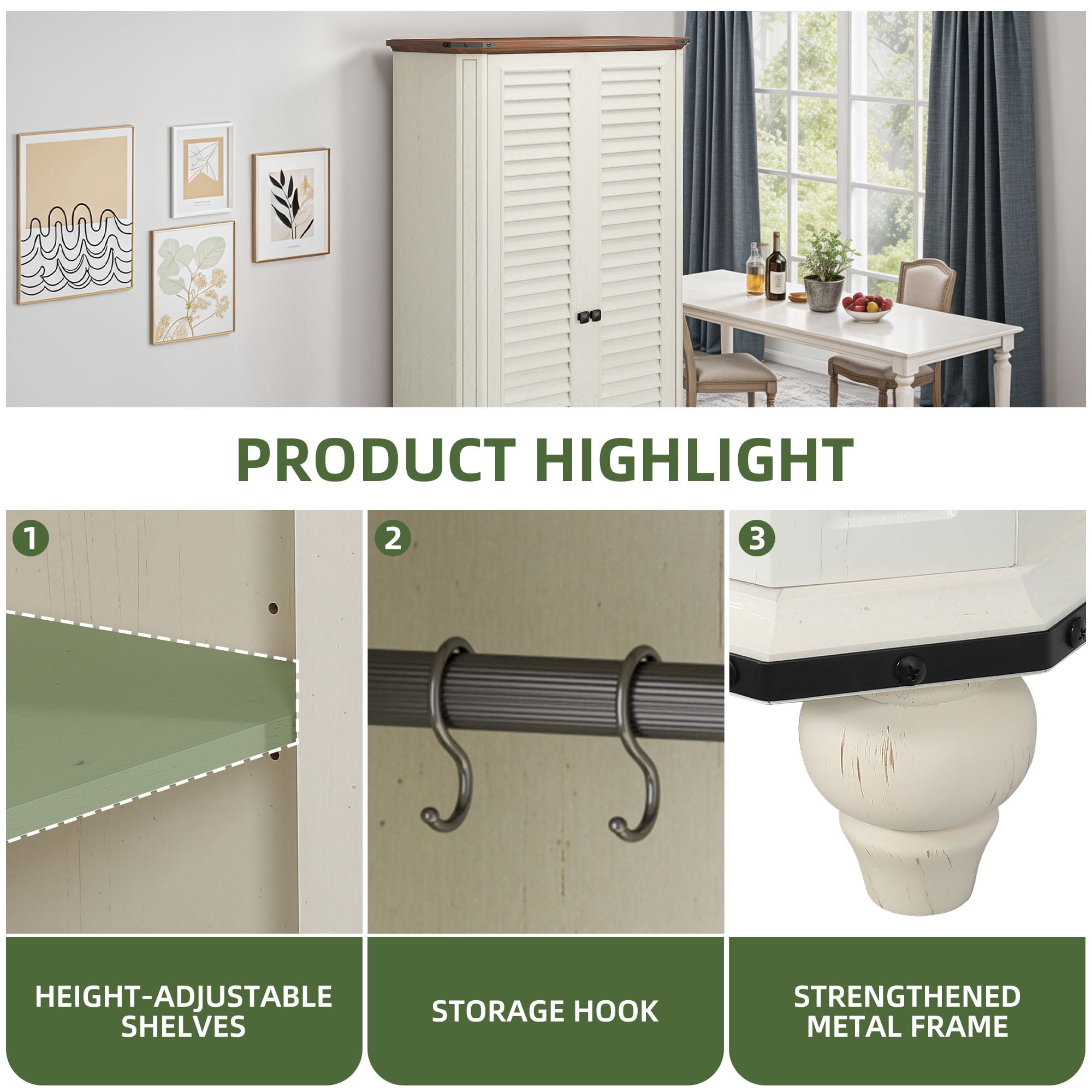 Uforic 67.1"H Wood Garage Storage Cabinet with Hooks & Adjustable Shelves, White