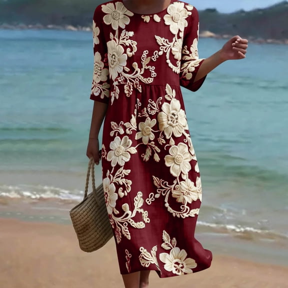 QUNYINEY Floral Summer Dresses for Women Plus Size Midi Short Sleeve Beach A Line Dress Vacation Crew Neck Flowy Loose Fit Dresses