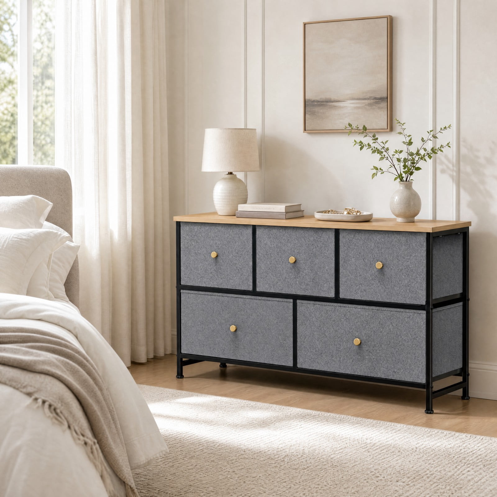 Telyra 5-Drawer Fabric Dresser TV Stand Organizer with Wood Top and Metal Frame, Greyish Blue