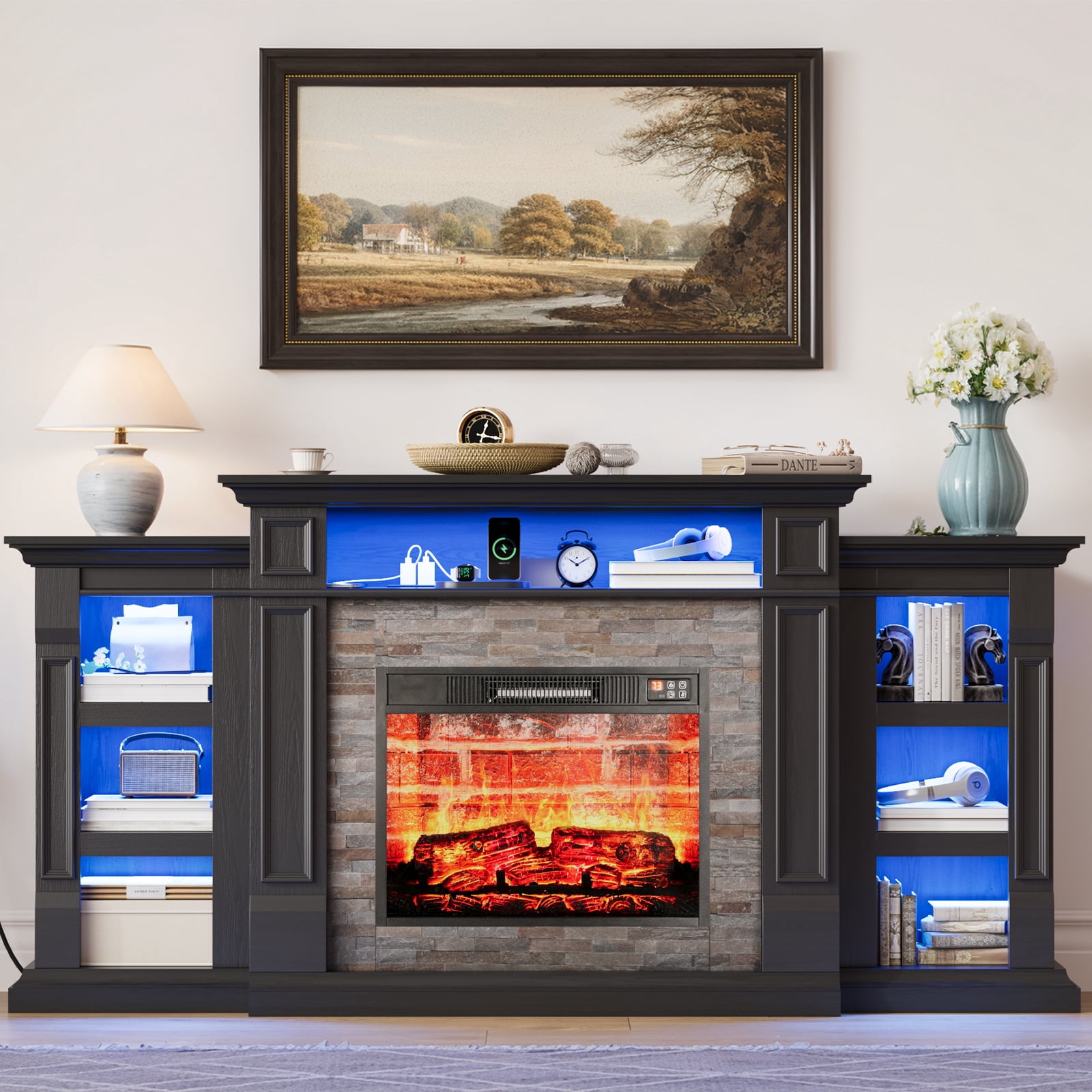 Holliwill 72" TV Stand for TVs up to 80" with Charging Station & LED Light, Electric Fireplace with Mantel, Entertainment Center with 23" Red Brick Electric Heater, Black