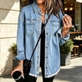 thumbnail image 2 of Women's Denim Overshirt Jacket Lapel Long Sleeve Fringed Hem Loose Casual Jean Shacket Vintage Washed Streetwear Fall Denim Coats Blue, 2 of 6