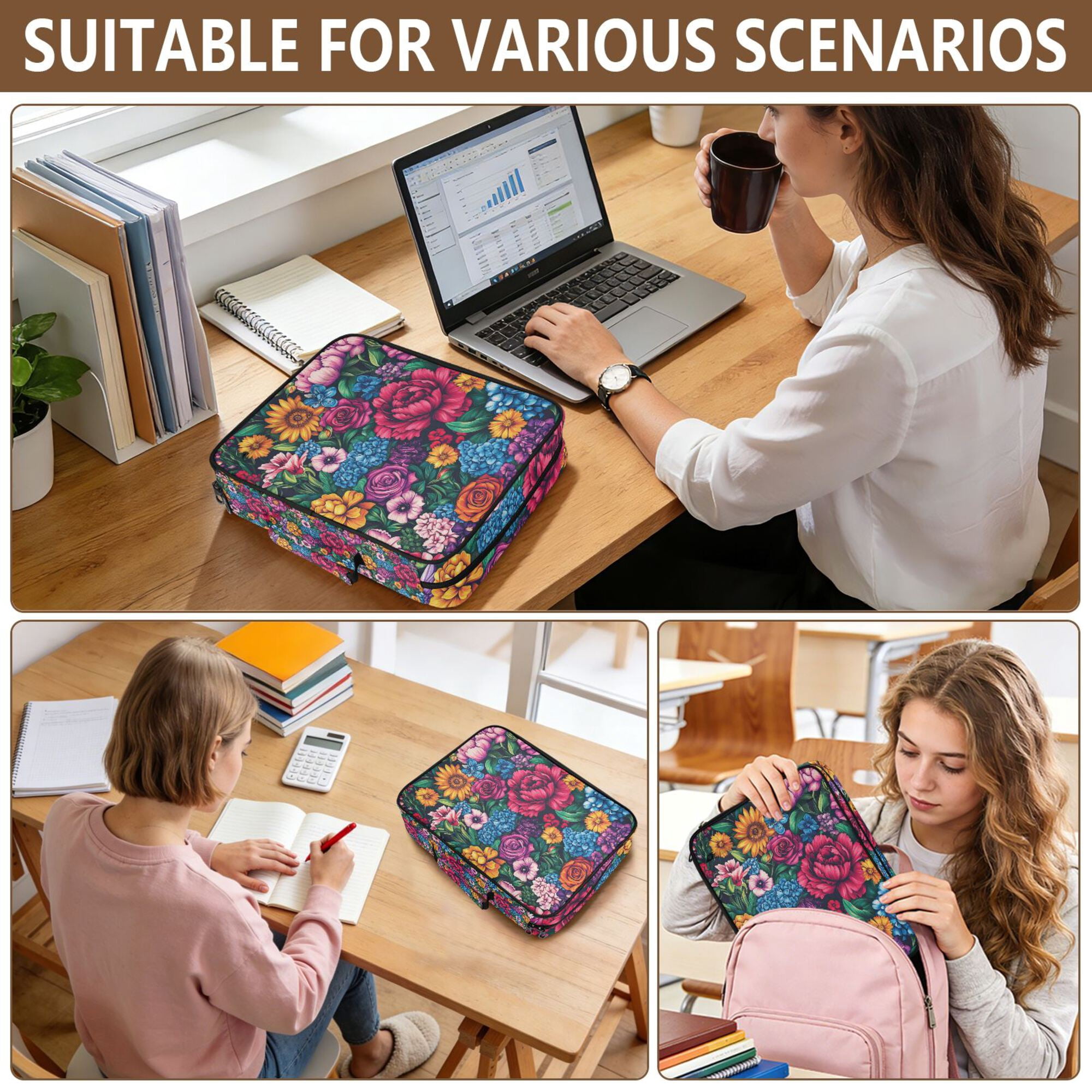 FORMRS Accordion File Folder A4 Size 7-Pocket Expanding Document Organizer Bag with 3 Ring Binder, Charming Floral Pattern