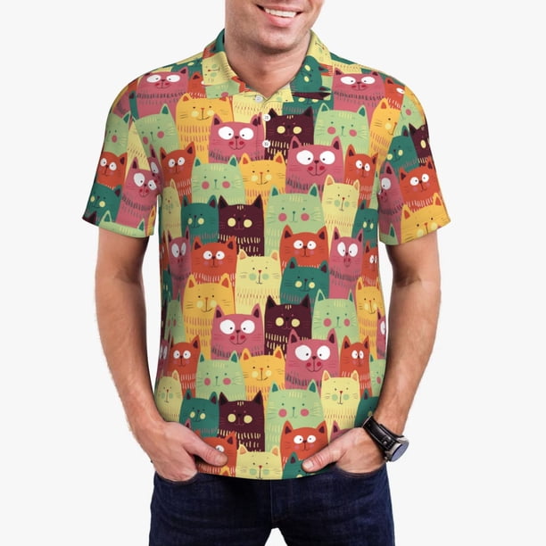 Fotbe Cute Cartoon Cat Camiseta Polo de Golf para Hombre con Estampado – Camisa Deportiva Transpirable con Cuello Abotonado-Small