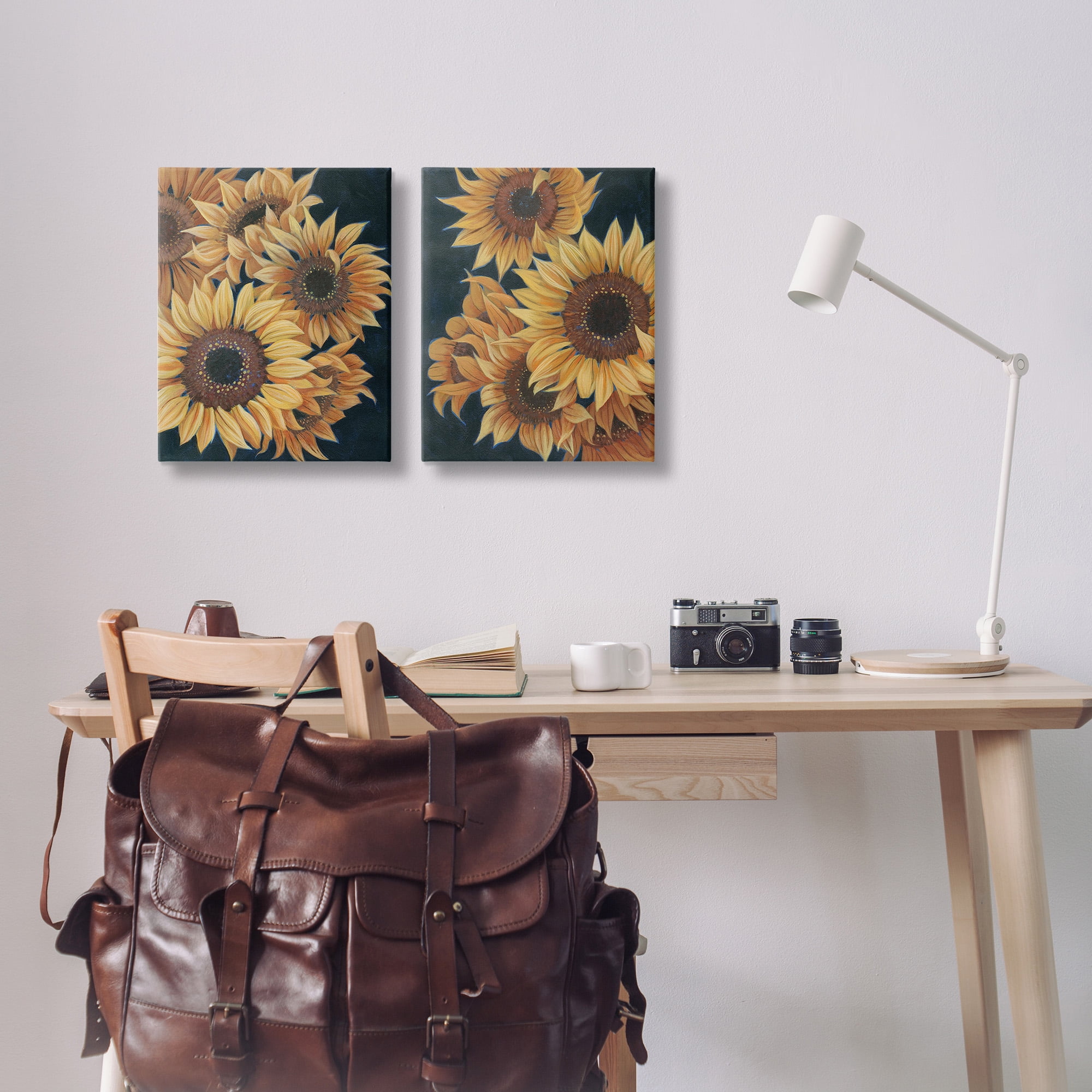 Stupell Industries Sunflowers on Black Botanical & Floral Painting Gallery Wrapped Canvas Art Print Wall Art, 16 x 20, Set of 2