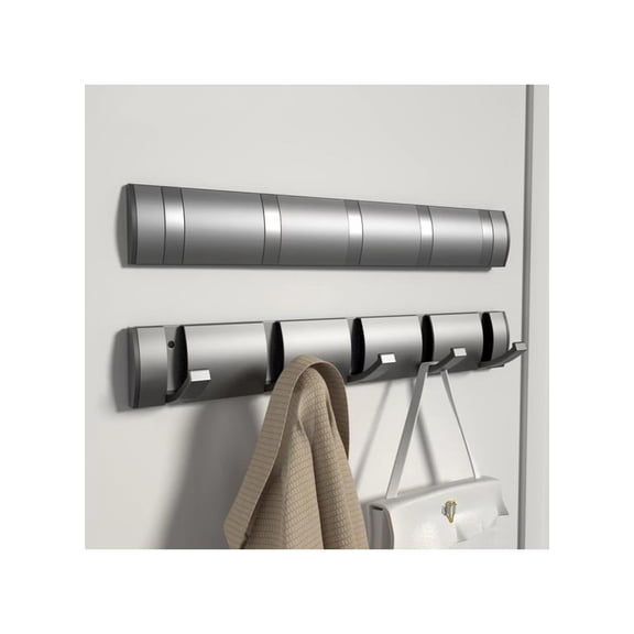 Coat Rack for Wall with 5 Collapsible Hooks, Heavy Duty Aluminum Coat Hook Towel Rack Coat Hanger for Key Hat Purse Robes Mudroom - Grey