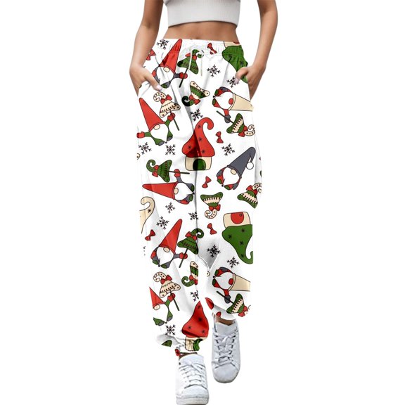 Fiaer Christmas Women's Sweatpants Baggy Plus Size Funny Graphic Xmas Pants Santa Printed Trendy Trousers White XL