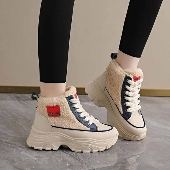 High Top Sneakers for Women Casual Winter Warm Platform Sneakers with Fur Lining High Top Winter Boots Casual Style Short Boots For Autumn And Winter,Blue 6.5