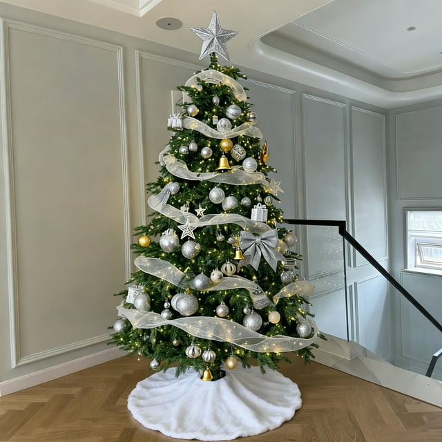 CazToi 6.5ft Pre-Lit Snow Flocked Artificial Christmas Tree with 350 LEDs & 1000 Branch Tips