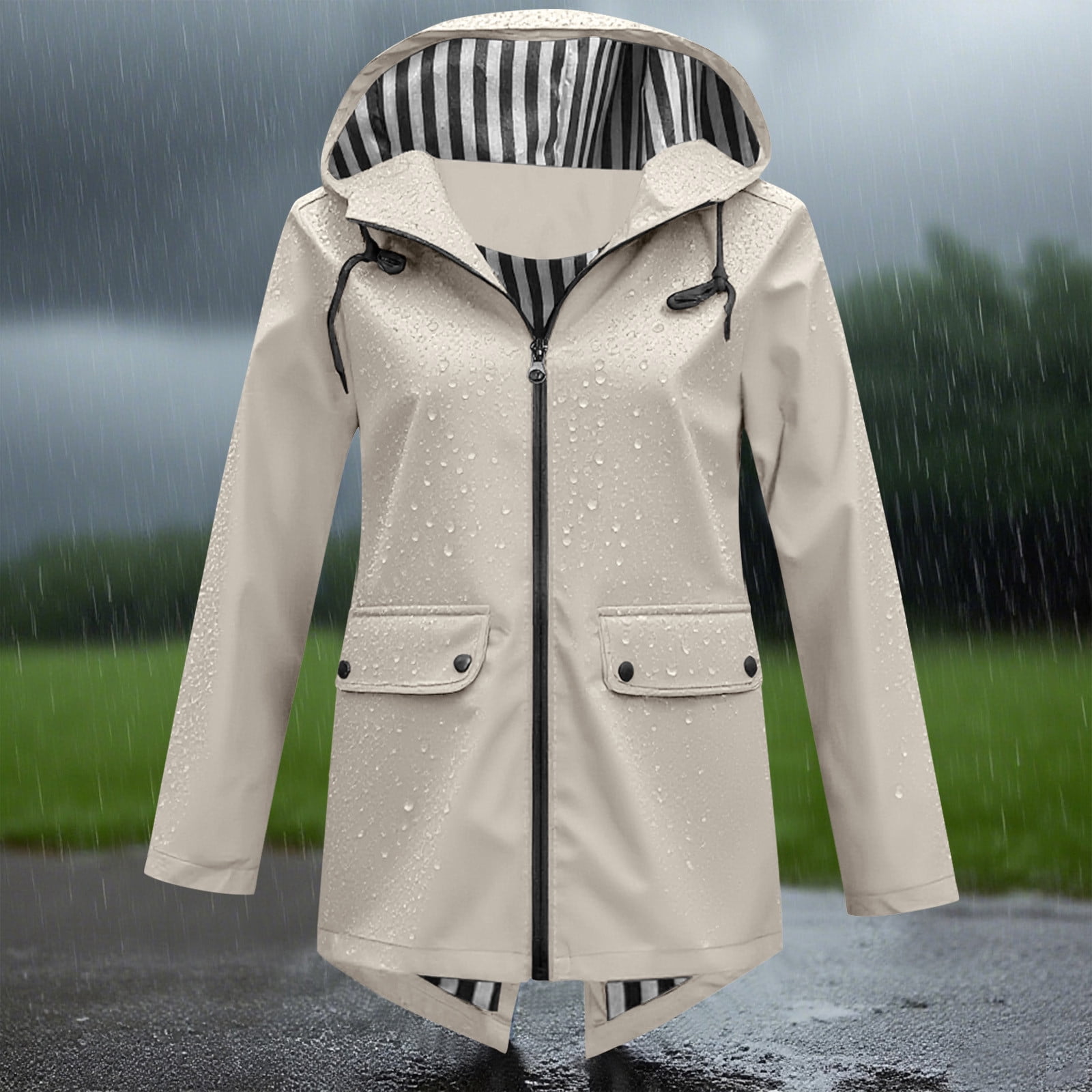 UPPADA Women's Light Weight Raincoats Solid Rain Jackets Outdoor Plus Size Hooded Raincoat Windproof Fall ,Womens Lined Rain Jacket with Hood Beige XXL