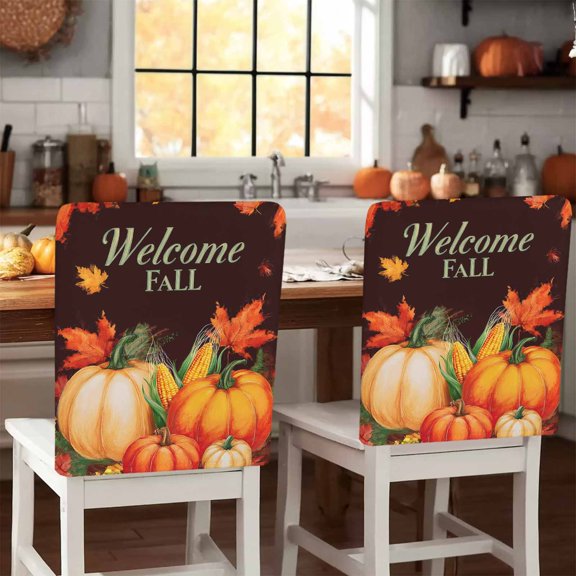 Welcome Fall Chair Covers Set of 6 Orange Pumpkins Corn Thanksgiving Maple Leaf Chair Back Covers Stretch Removable Washable Slipcovers Protector for Dining Room Kitchen Party Decor