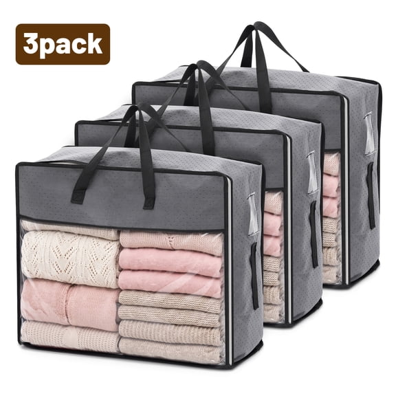 YEERSWAG 3 Pack 90L Large Clothes Storage Bags, Reinforced Handles & Clear Window, Moisture Proof Non-Woven Comforter Storage Organizer for Quilts, Blankets, Pillows, Seasonal Clothing