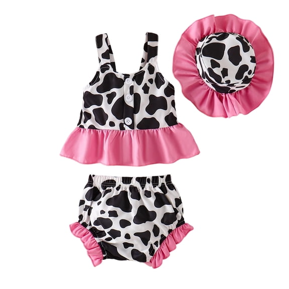 Tiijoy Baby Girls Summer Outfits Cute Cow Print Tank Top Shorts Hat 3Pcs Set, Sizes 6-12 Months