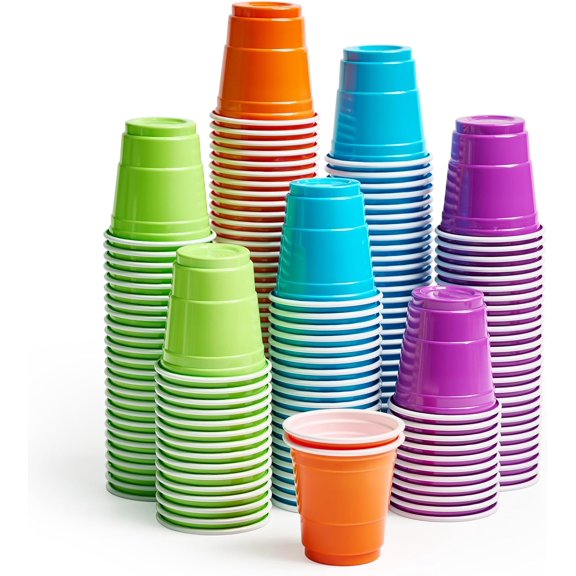 300 Count 2 oz Plastic Shot Glasses, Mini Disposable Cups, Assorted Color Cups for Parties, Shooting Games