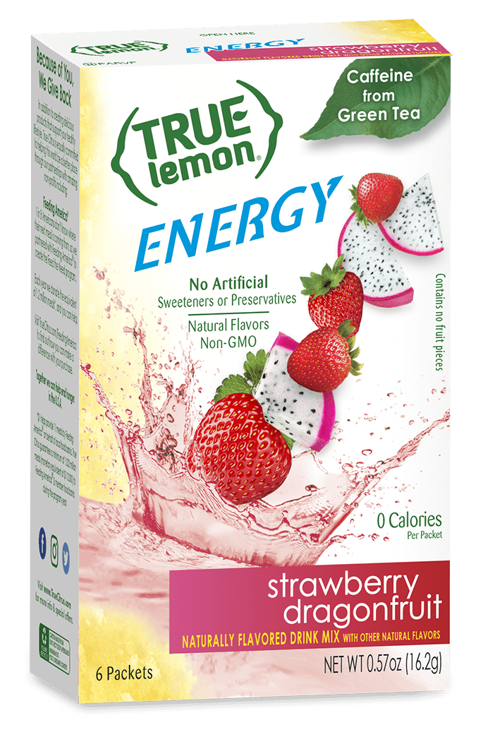 True Lemon Energy Strawberry Dragonfruit Caffeinated Powdered Drink Mix, Sugar Free, Zero Calories, 6 Packets