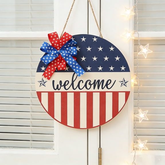 TOPRenddon Independence Day Wooden Hanging Round Sign, 12 Inch Patriotic Door Decoration with Star Stripe Design and Bow, 4th of July Memorial Day Home Decor Party Supplies Front Door Pendant