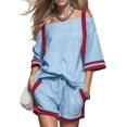 thumbnail image 3 of Women Color Block Off Shoulder Short Sleeve Top and Drawstring Shorts 2 Piece Outfit Set M, 3 of 9
