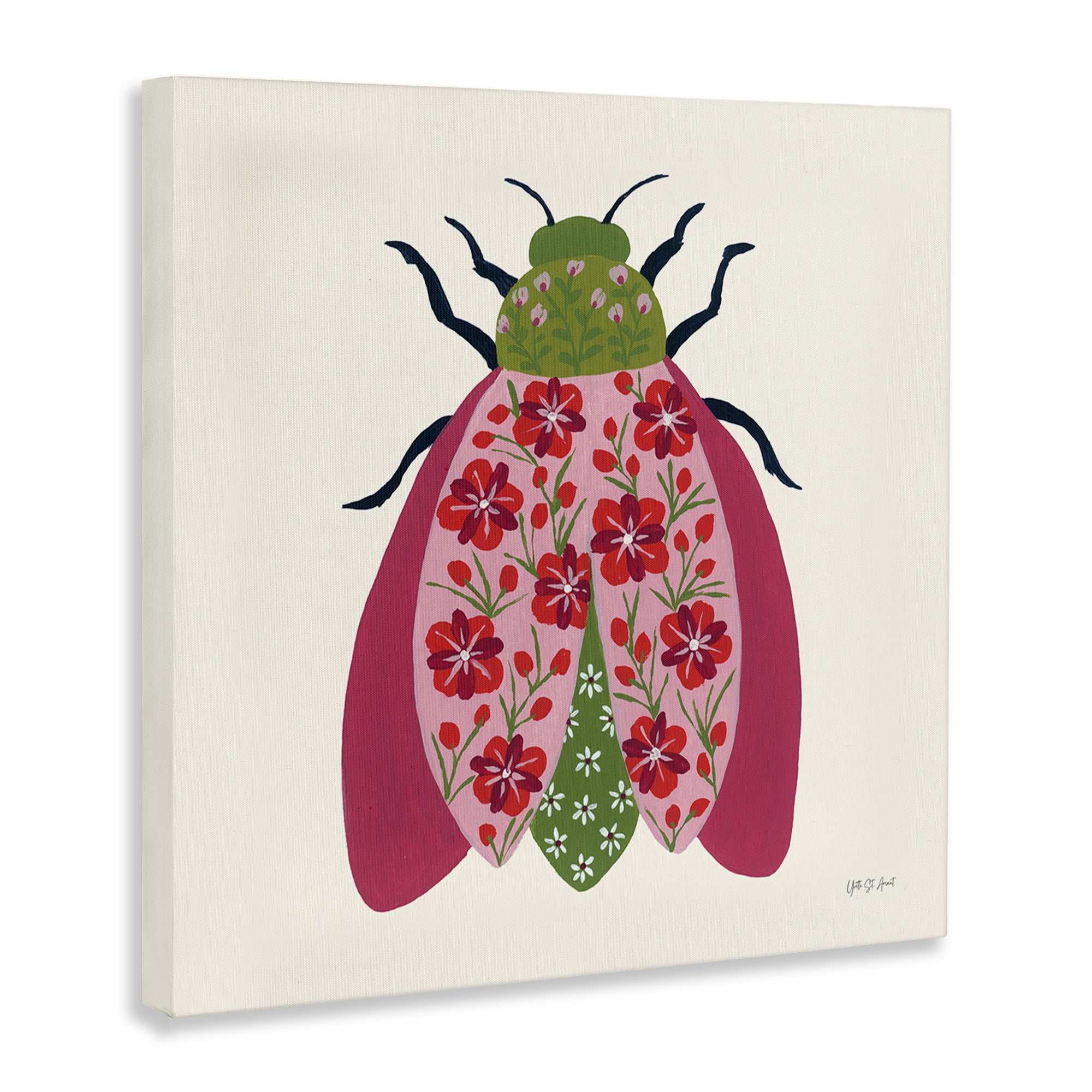 Stupell Industries Pink & Green Blooming Beetle Insects Painting Wrapped Canvas Art Print Wall Art, 17 x 17