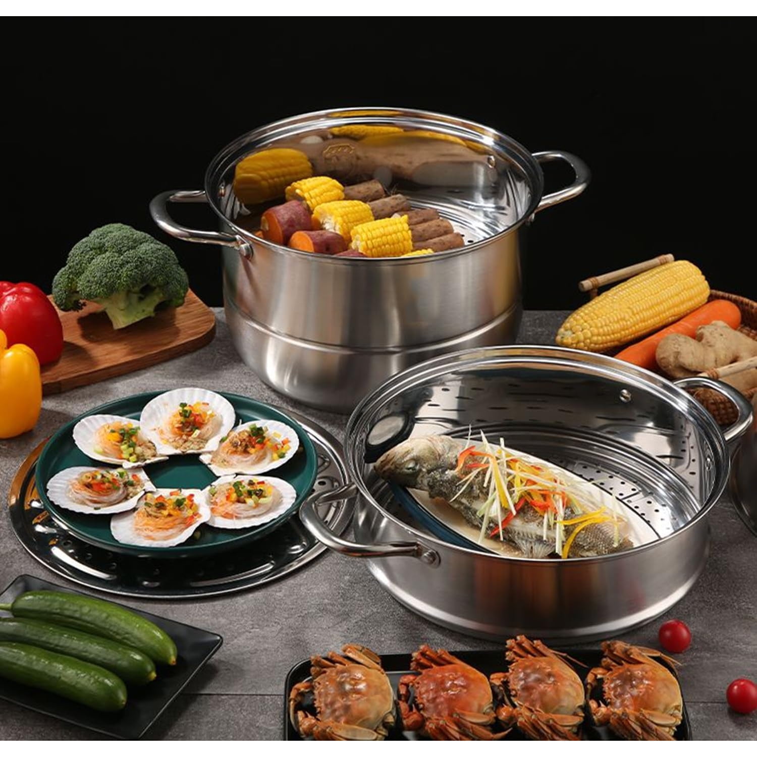Leyeet Steamer for Cooking, Food Grade Stainless Steel Steamer Pot, 11 inch Steam Pots with Glass Lid 2-tier for Cooking Vegetables, Seafood, Soups, Stews and Pasta Cooking Tool