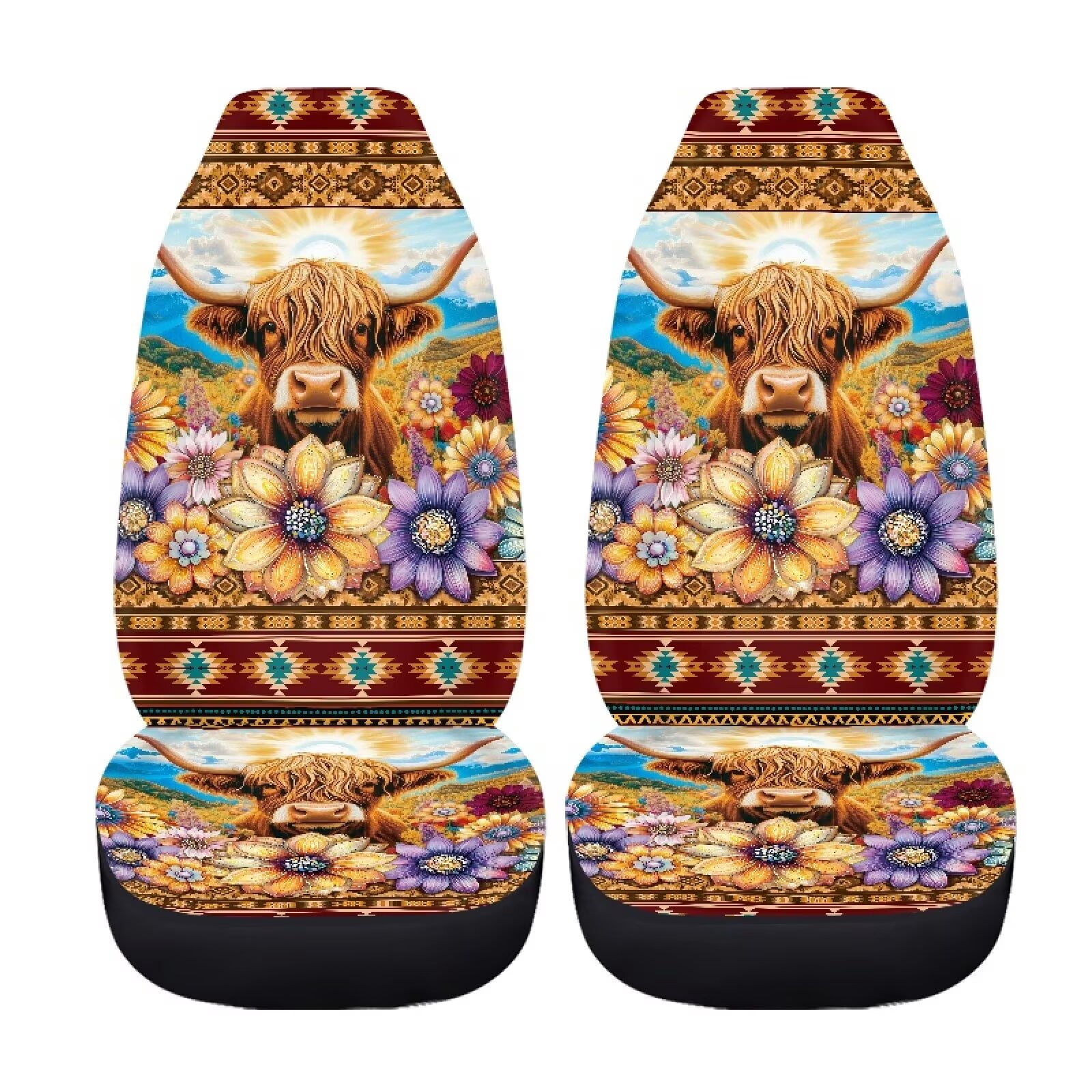Binienty Highland Cow Car Seat Covers Set of 2 Aztec Floral Vehicle Front Seat Cushions Automobile Seats Protector Pad Mat Auto Interior Accessories for Women Girly Highland Cow Lovers