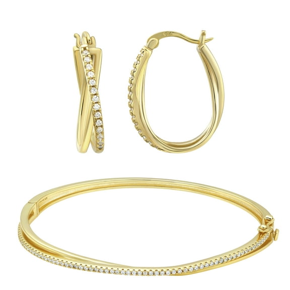 Brilliance Fine Jewelry 14KT Gold Plated Sterling Silver Round Simulated Diamond Bangle and Earring Set