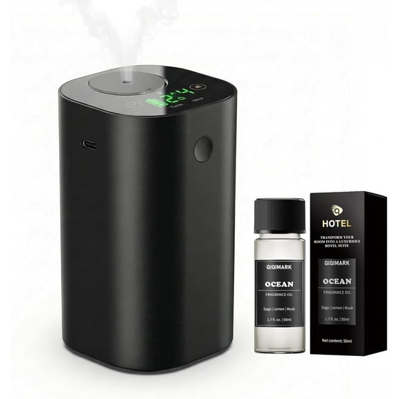 Waterless Essential Oil Diffuser with 50ml Ocean Fragrance Oil, Rechargeable, 4 Timers, 4 Mist Levels, up to 600 Sq Ft, for Home, Car & Office