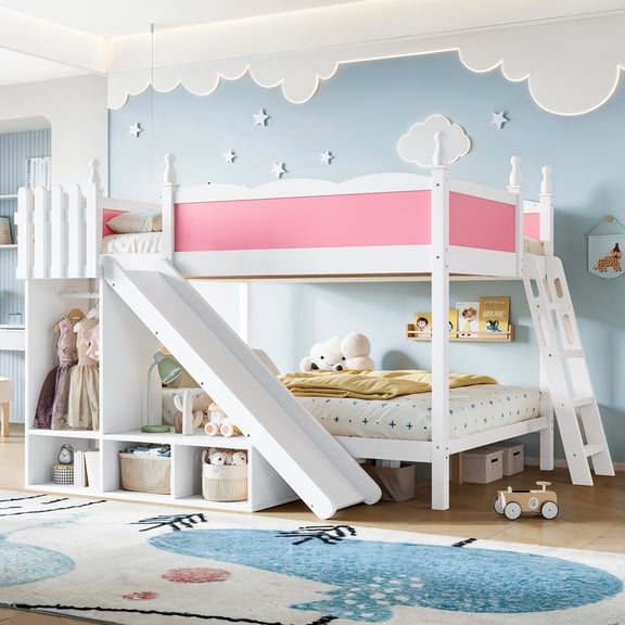 ChenyueFurn Full Over Full Kids Bunk Bed with Slide and Storage,Pink