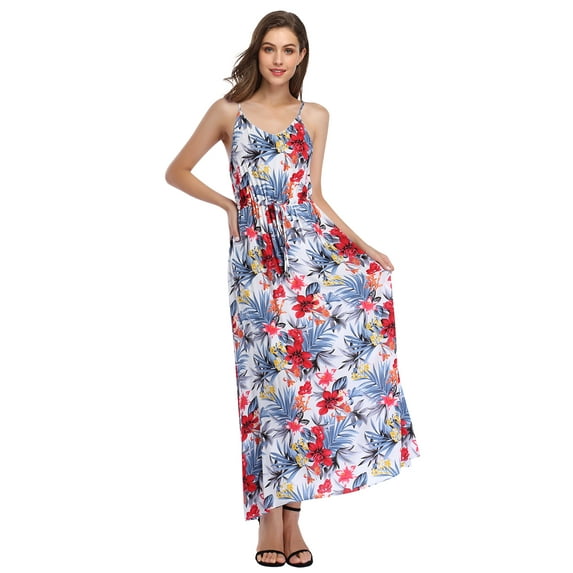 Kitsin Womens Deep V Neck Floral Adjustable Spaghetti Strap Sundresses Beach Maxi Dress with Pockets