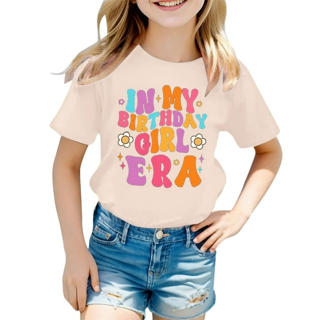 T-shirts pour Filles, Col Rond, Imprimé, Manches Courtes, Hauts d'Été pour Adolescentes 3-4 Ans, Mode Fille