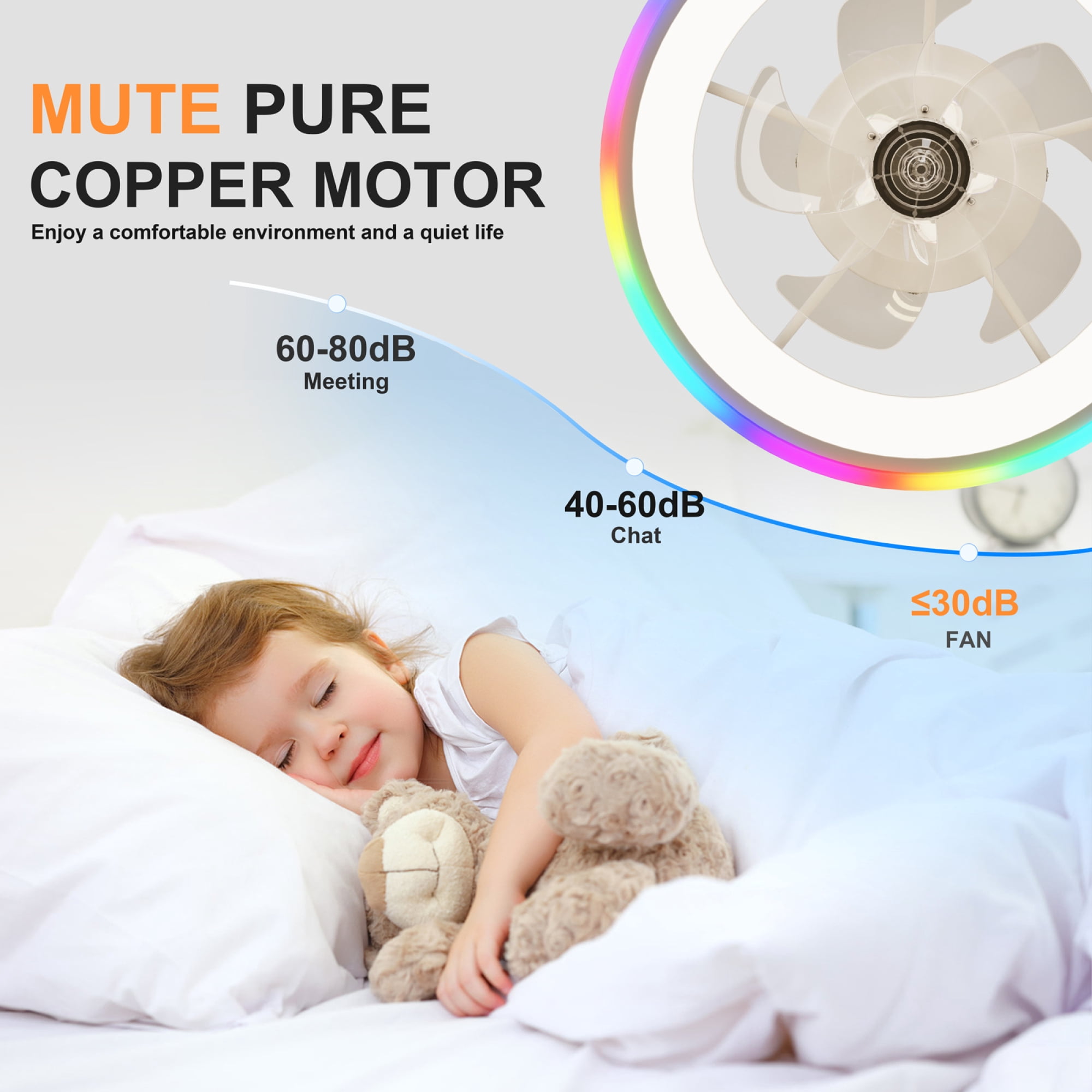 Leumius 19.7" Modern RGB Ceiling Fan with Lights, Flush Mount Low Profile Fan with Remote & APP, 6-Speed Reversible Silent DC Motor, Dimmable 3000-6500K LED for Bedroom Living Room White