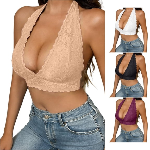 Huowey Bras For Women Solid Color Elegant Floral Lace Halter Crop Top Scalloped V Neck Bralette Sleeveless Backless Bustier Comfortable Underwire Support Everyday Wear Brassiere,Khaki