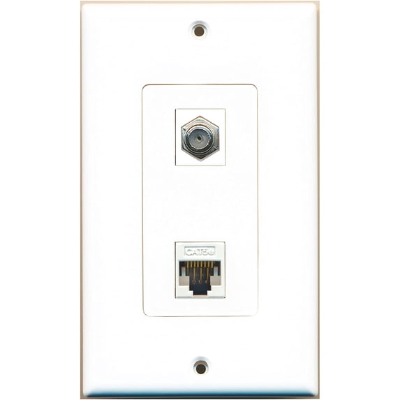 RiteAV - 1 Port Coax Port Cable TV F Type - 1 Port Cat5e Ethernet White Decorative Wall Plate