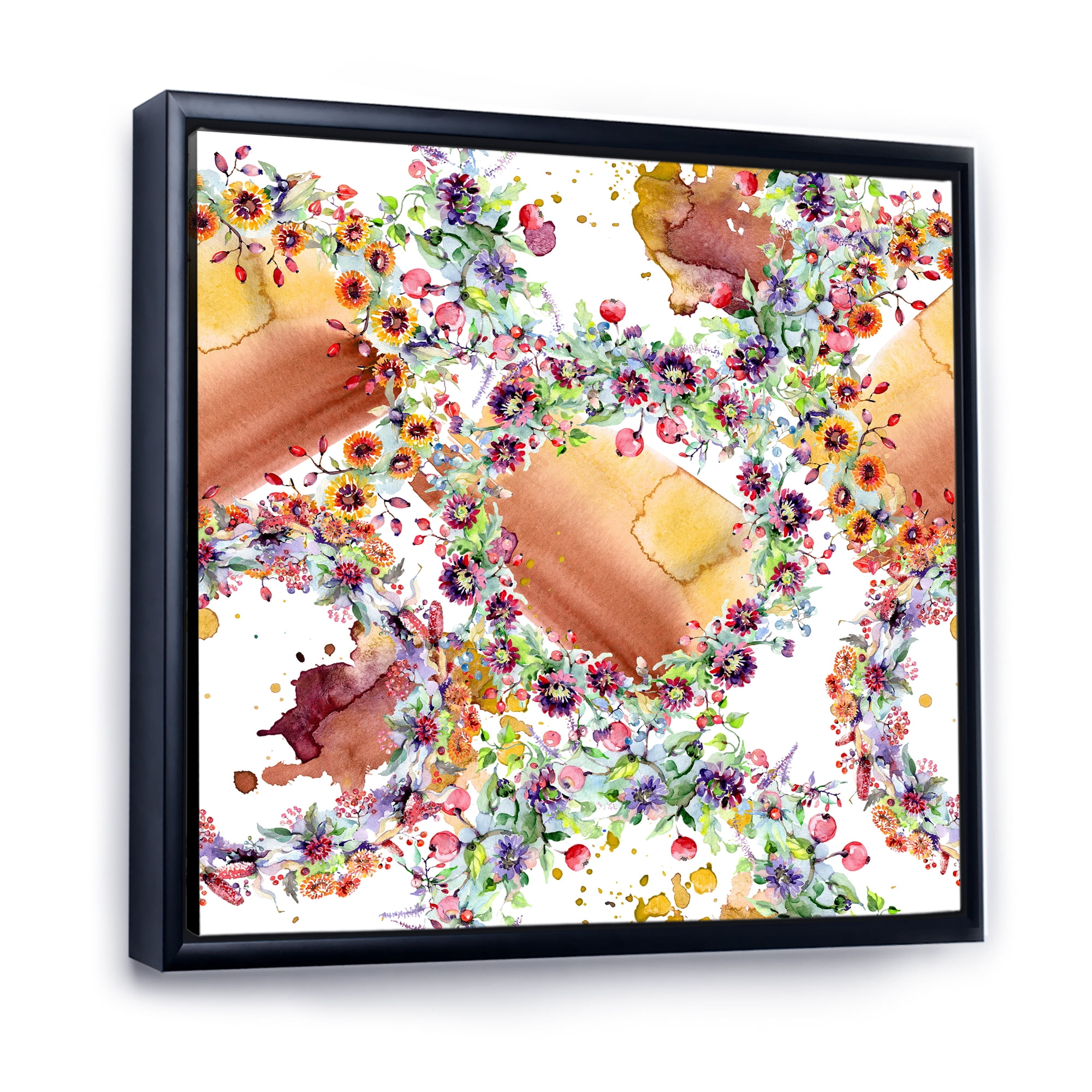 Designart 'Vibrant Wild Spring Leaves, Berries and Wildflowers' Modern Framed Canvas Wall Art Print