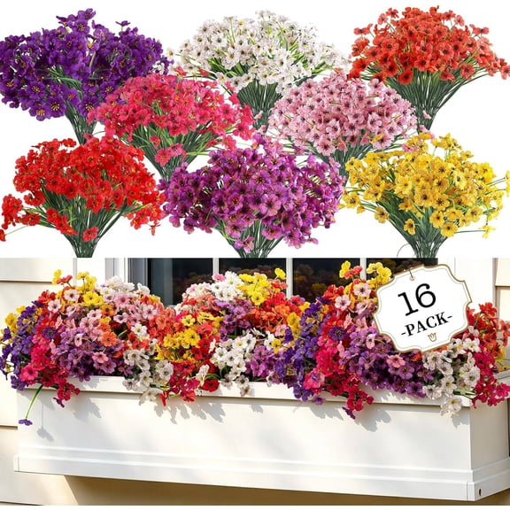 Artificial Flowers for Outdoors, 16 Bundles Faux Fake Flowers Plastic Floral Plants for Indoor Outdoor Garden Porch Window Box Home Decoration, Multicolor