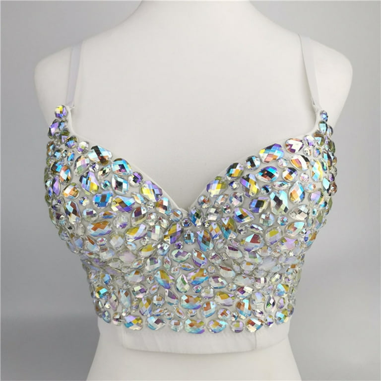 HLGDYJ Women Sexy AB Colored Rhinestone Bustier Crop Top Spaghetti Strap  Push Up Bralette Glitter Club Party Corset Bra Vest