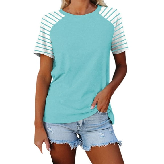Prolriy Shirts for Women, Women's Round Neck Patchwork Striped Color Block Loose Casual Short Sleeved T Shirt Womens Tops Spring Summer Tops for Women Mint Green S