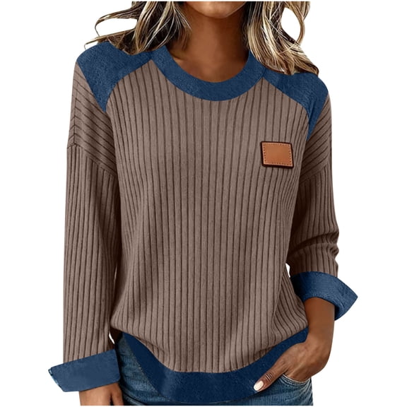 Fewfanhot Long Sleeve Shirts for Women Oversized Cable Knit Sweaters Chunky Long Sleeve Denim Crew Neck Knit Pullover Tunic Sweaters