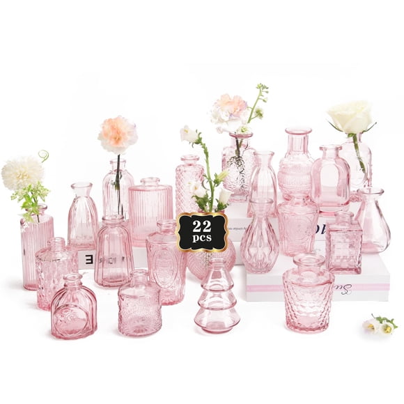 Jarrón de flores de cristal rosa, paquete de 22 unidades, decoración vintage para el hogar