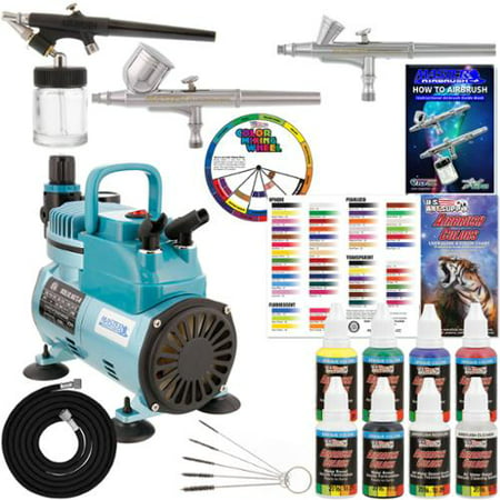 3 Airbrush Kit 6 Primary Colors Cool Runner Air Compressor Dual-Action