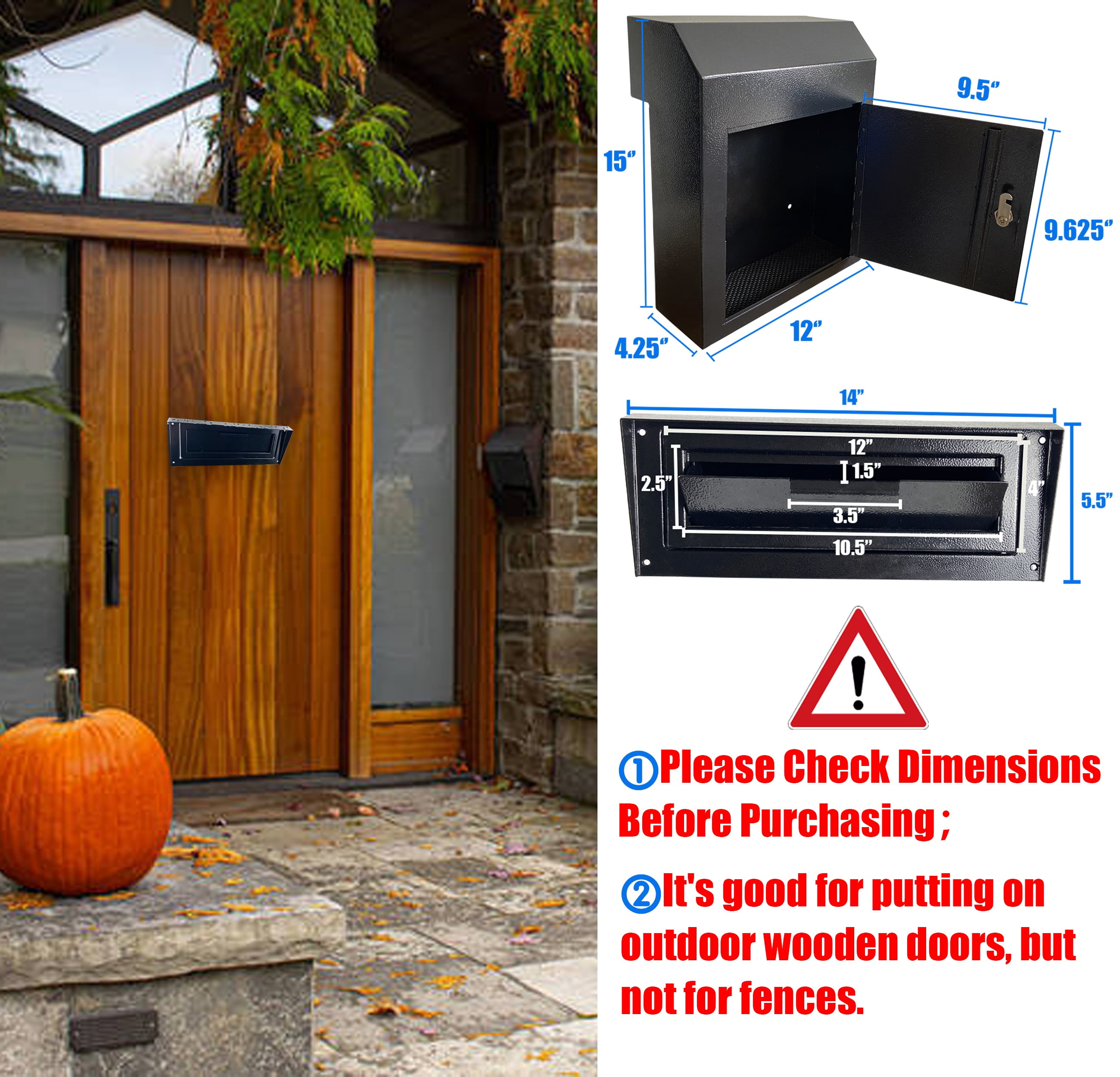 Plugsharge Rainproof Heavy Duty Mailbox Door Drop Box, Galvanized Steel Weatherproof Locking Metal Mailbox Door Mounted for Keys, Deposit, Payment, Mails, Through The Door Safe Mail Drop Box, Black
