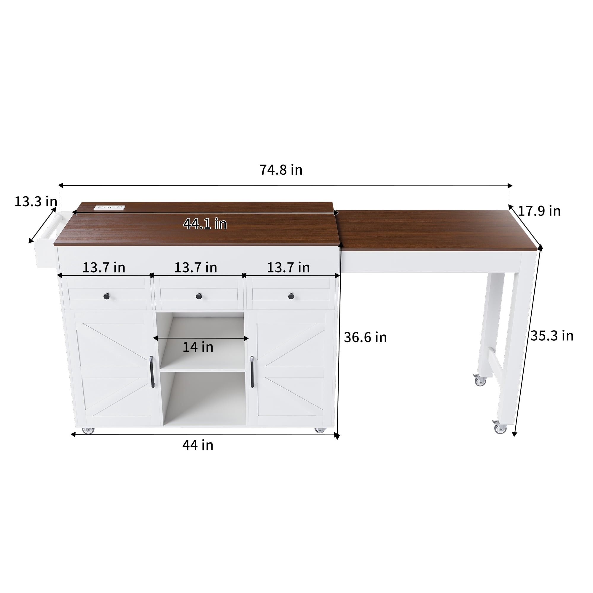 74.8" Kitchen Island with Extendable Dining Table & Power Outlet - Rolling Storage Cart on Wheels with 3 Drawers & 2 Door Cabinet for Dining Room, White