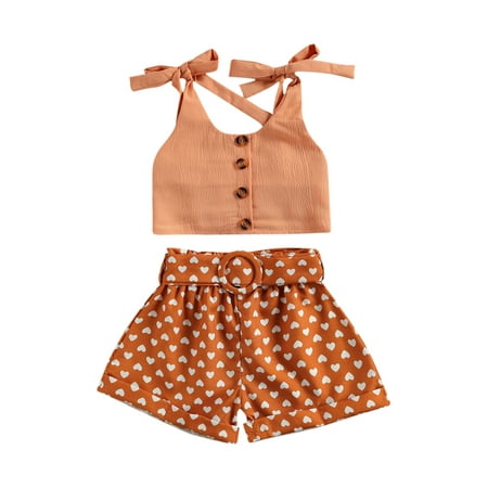 

1-6Y Summer Infant Baby Girls Clothes Sets Single-breasted Sleeveless Solid T Shirts Heart Print Shorts 2PCS