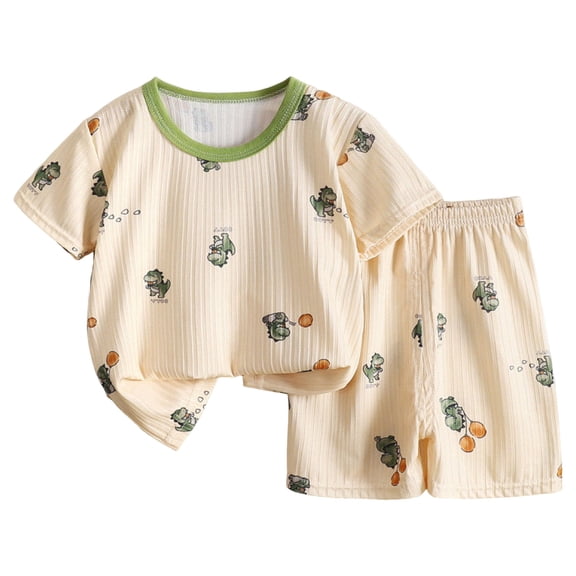 KPOPLK Toddler Baby Girl Pajamas Stripe Print Crew Neck Shirt Shorts Kids Summer Pjs Nightgown Outfits Set Size 18-24 Months,Beige