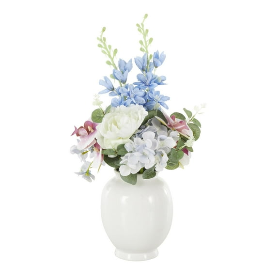 18" Plastic  Hydrangea and Pom Pom Artificial Flower in Green Leaves and Round Ceramic Vase, by DecMode