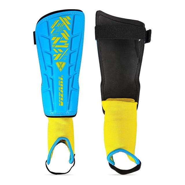Espinillera de fútbol Vizari Malaga para niños, color celeste/amarillo, talla S
