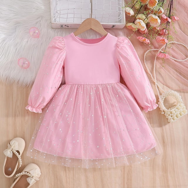hengsof Robe de Fête à Étages en Filet Imprimé Étoile pour Filles, Robe Formelle à Manches Longues et Volants, Robe Évasée pour Occasions Spéciales, Taille 3-10 Ans