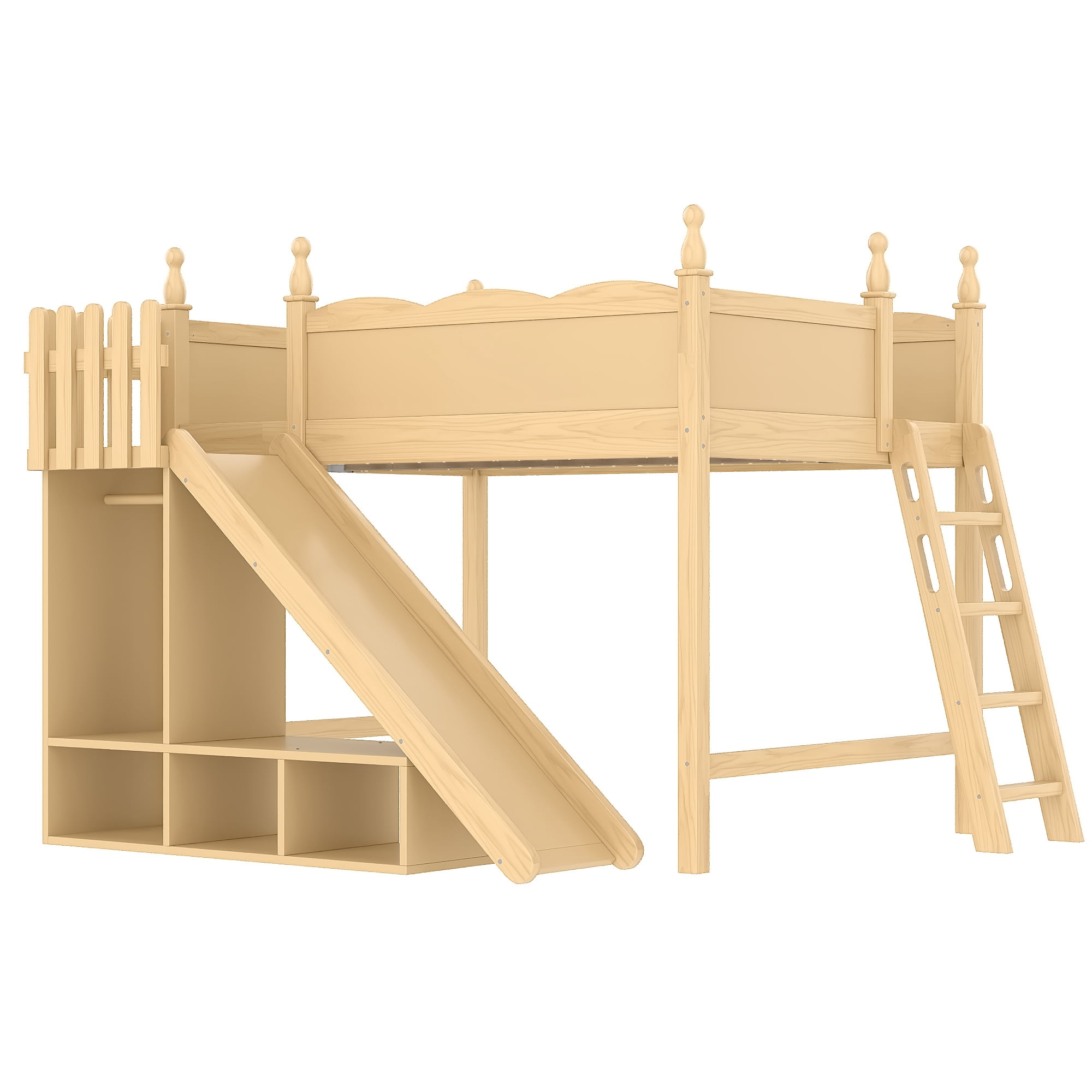 Leumius Full Loft Bed Frame with Storage Shelves and Wardrobe, Solid Wood Loft Bed with Detachable Slide and Ladders for Kids Teens Adults Natural